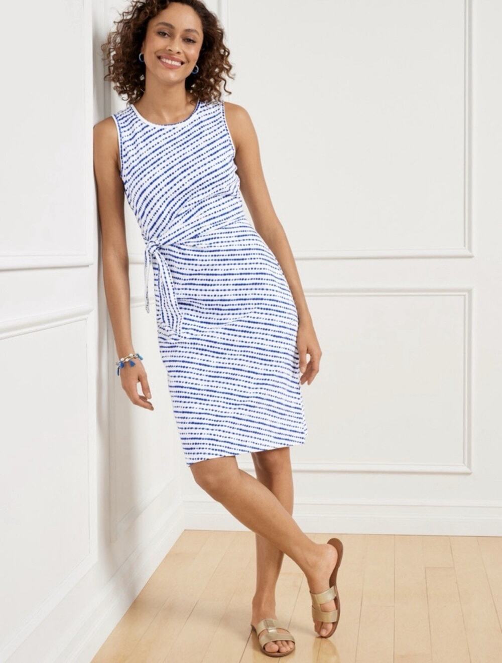 Talbots Tie Waist Dress Women’s Medium Blue White Stripe Sleeveless Cotton Midi
